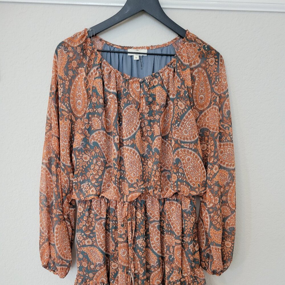 Entro Fall Burnt Orange Paisley Dress Ruffle Romantic M